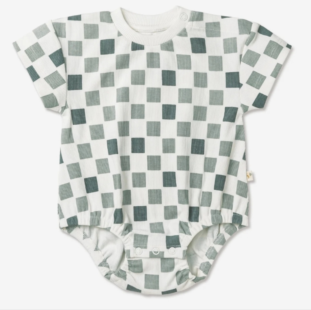 Organic Short Sleeve Checkered Bubble Romper 6 to 12m